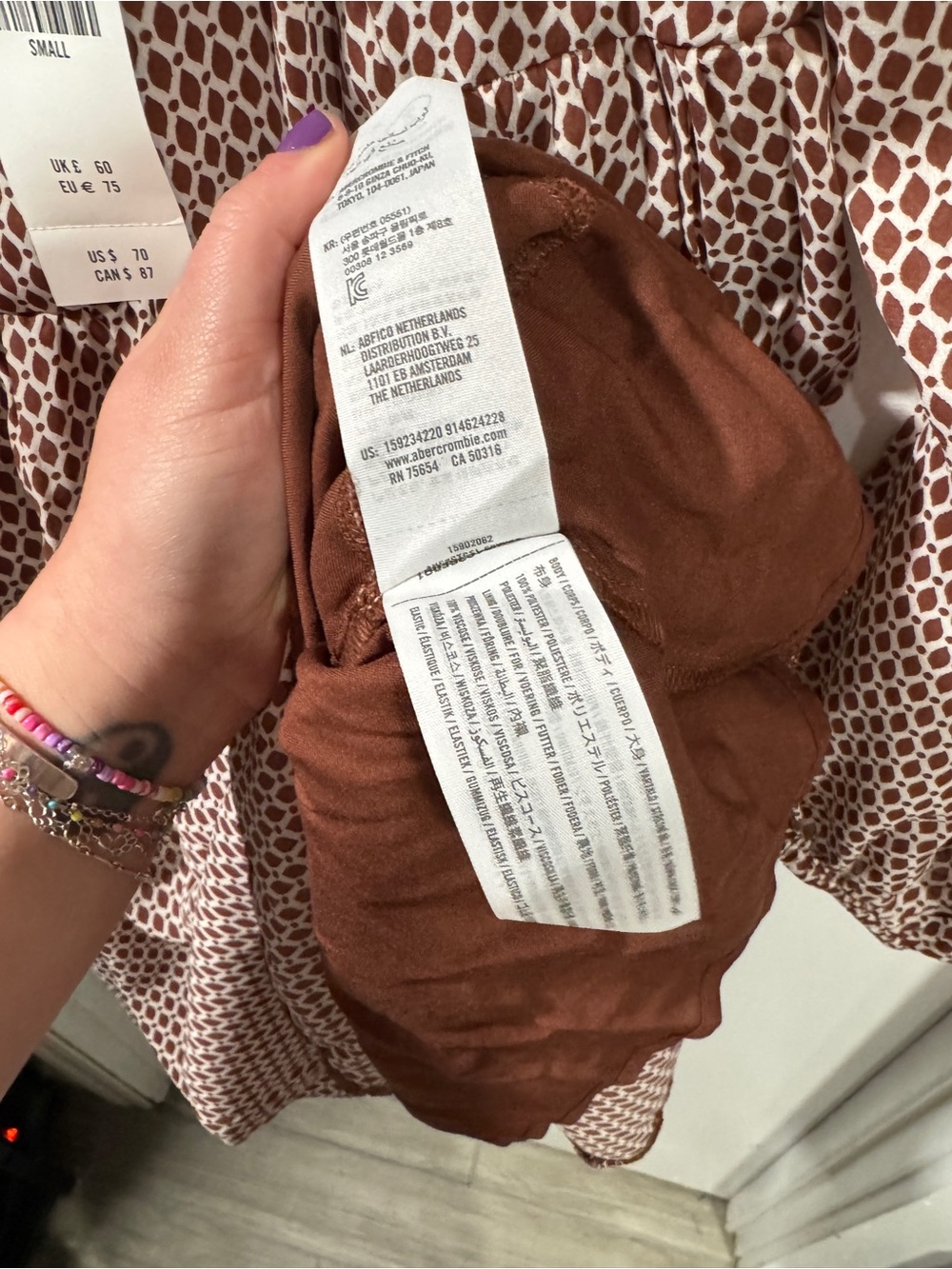 Abercrombie & Fitch Brown/White Printed Long Sleeve Smocked Mini Dress - Picture 6 of 6